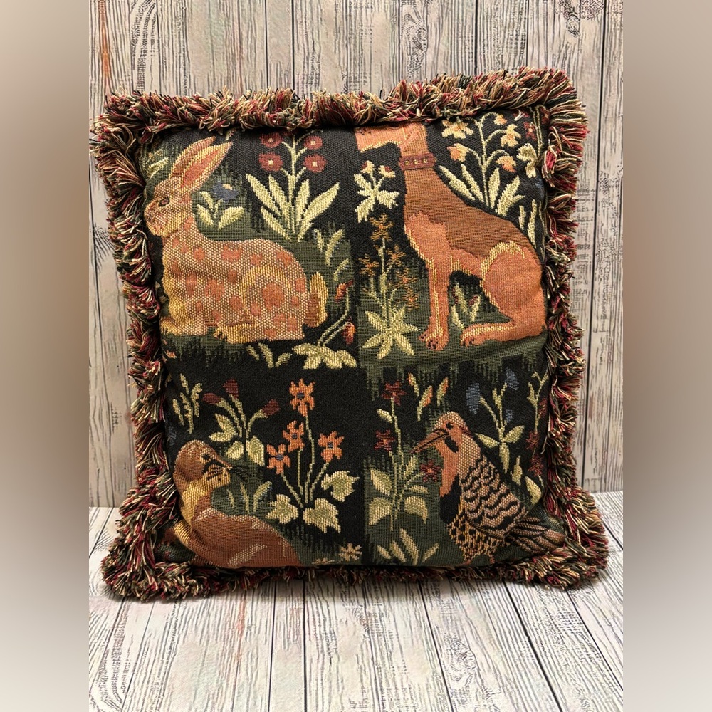 VTG Robert Allen Woodland Animals 4 Panel Tapestry 12" Throw Pillow  Cottagecore